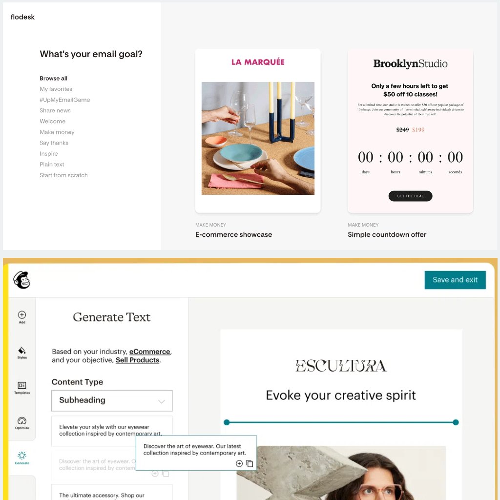 Side-by-side comparison of Flodesk and Mailchimp interfaces highlighting key features